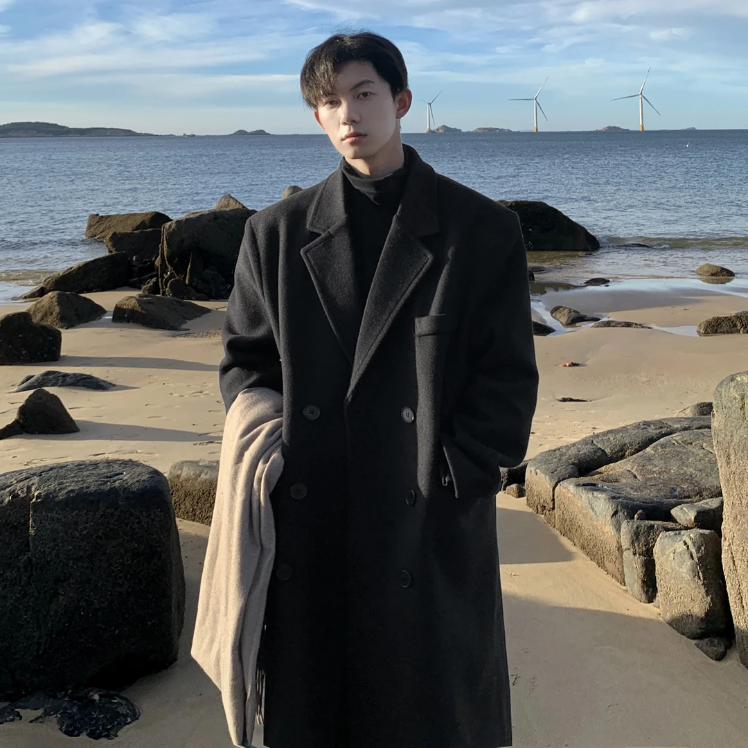 垫肩西服毛呢大衣男秋冬英伦风潮牌高级感韩版长款过膝风衣外套