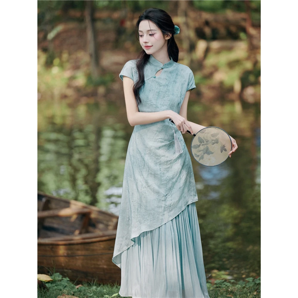 国风新中式禅意清冷晕染提花旗袍连衣裙中国风旗袍气质小个子复古