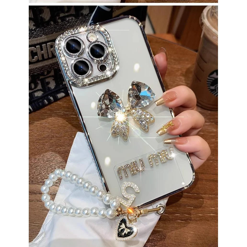 自带镜头膜适用iPhone15promax手机保护壳女款苹果13水钻蝴蝶结14