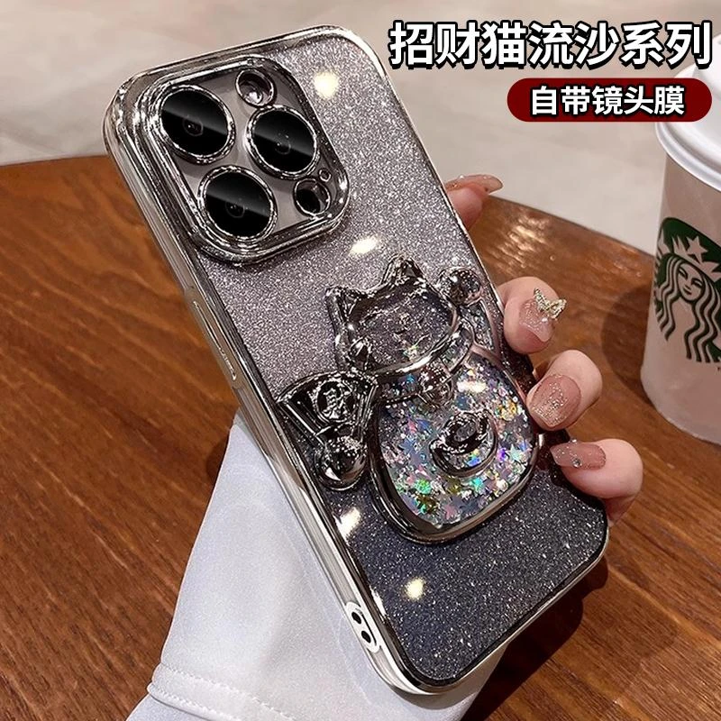 立体流沙招财猫适用苹果15手机壳新女款iphone14ProMax透明高级ip