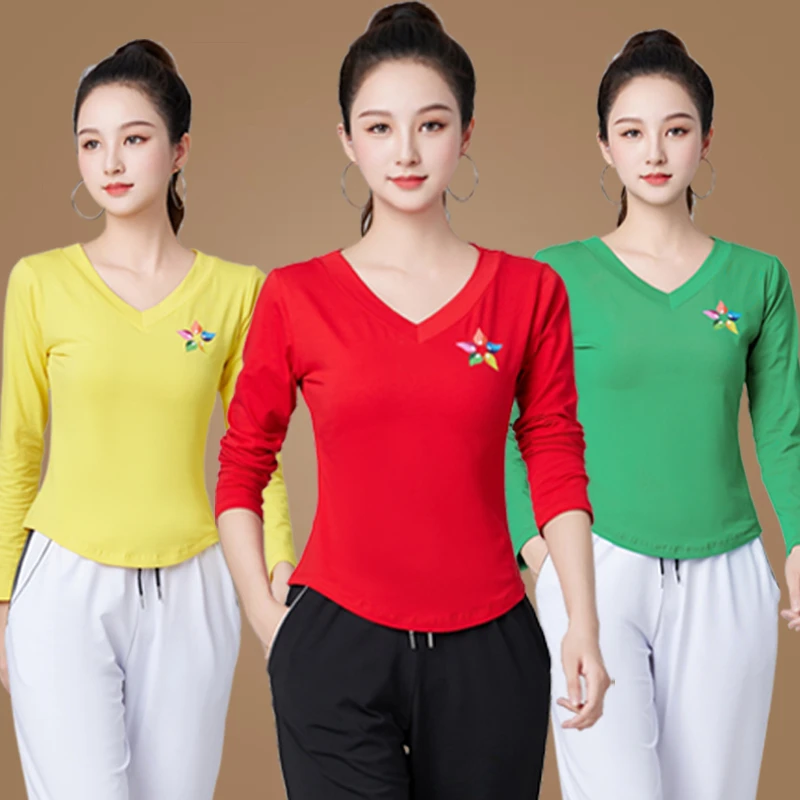 悦姿美特时尚舞蹈上衣V领长袖t恤广场舞衣服曳步舞健身操运动打底