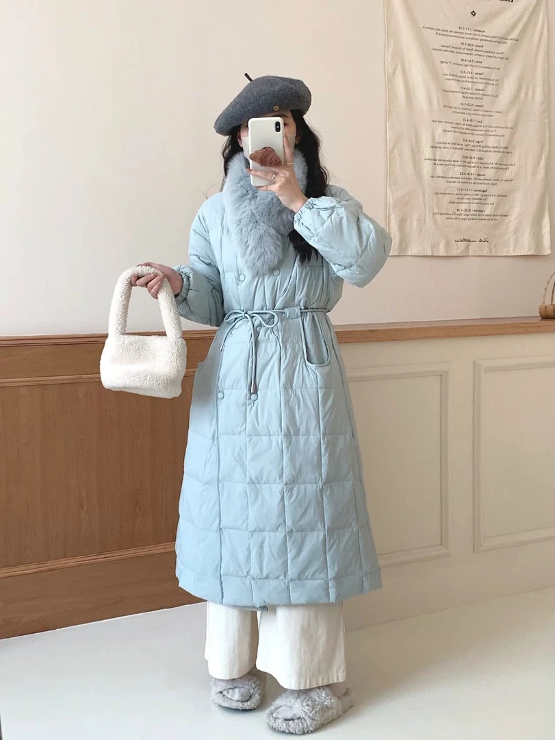 中长款过膝鸭鸭外套系带收腰加厚保暖（毛领是米白色的）显瘦