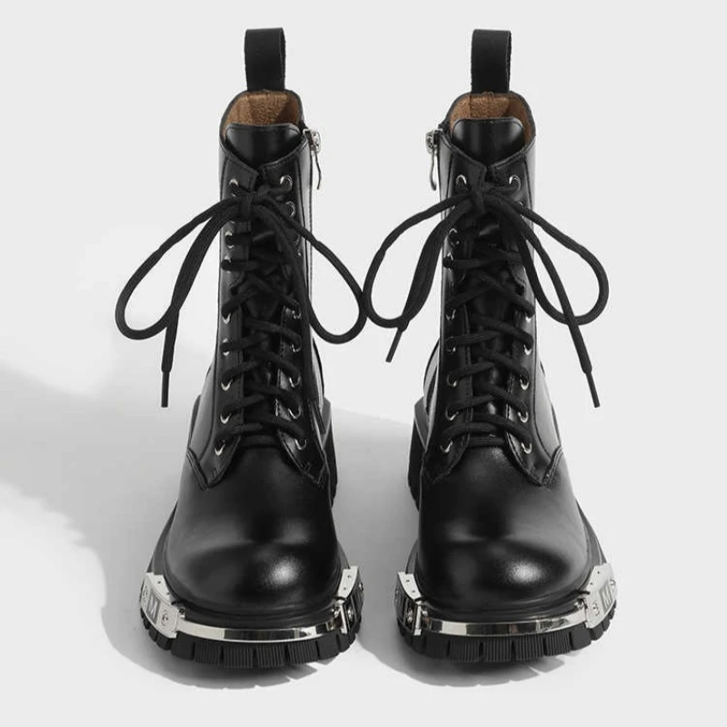 英伦风厚底马丁靴女真皮圆头百搭系带粗跟金属黑色机车风短靴