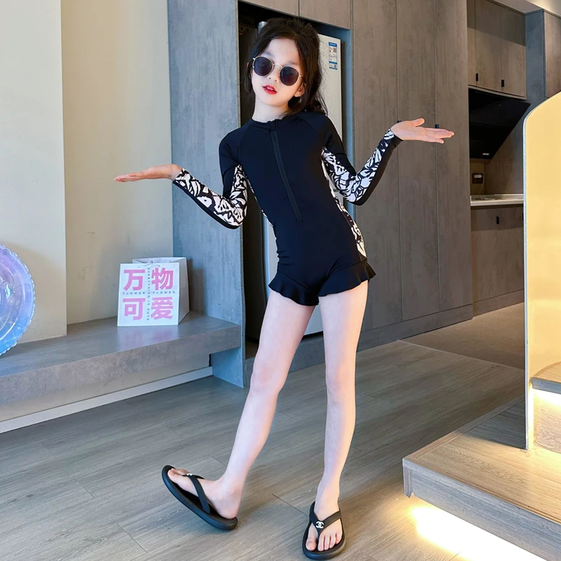 女童泳衣防尴尬防走光洋气女童长袖游泳衣10-15岁女孩速干泳装