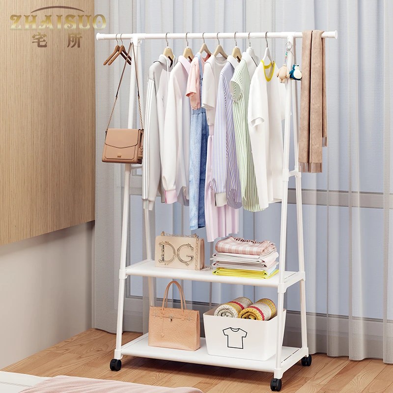 卧室可移动衣帽架床头收纳衣服架子简易挂衣杆落地结实置物架多层