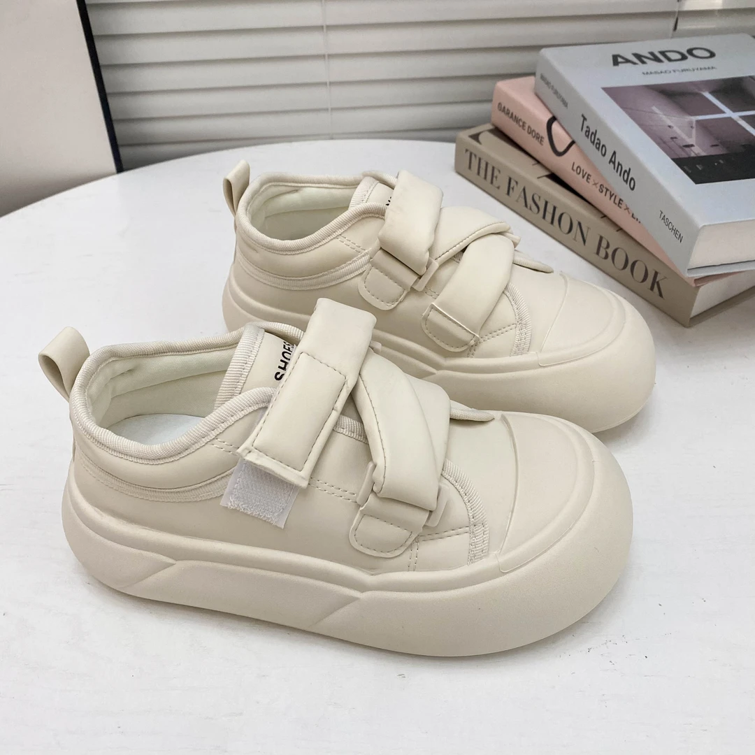 希玥 魔术贴厚底面包鞋女鞋2024年新款百搭圆头小众增高皮面板鞋