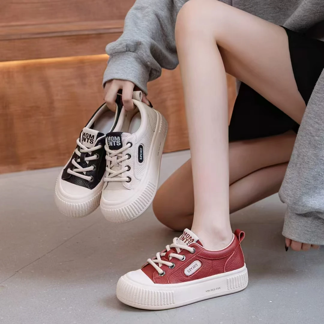 B198厚底板鞋女松糕鞋2024年秋季新款真皮复古圆头百搭休闲小白鞋