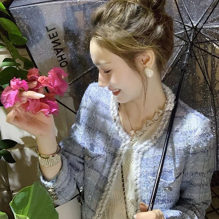 【法式小香风】外套女2023年新款韩版气质名媛圆领粗花呢亮丝蓝8911