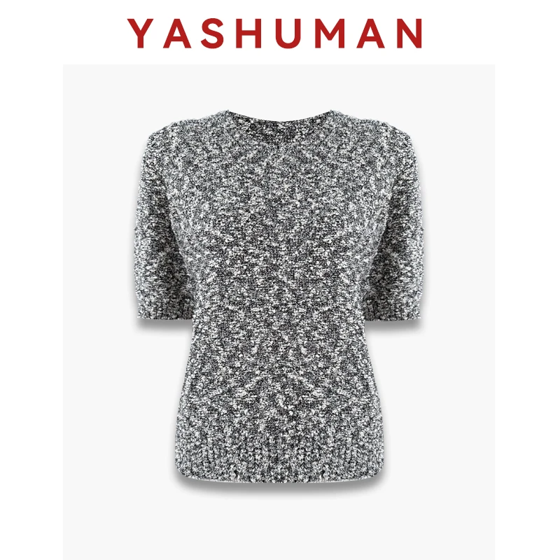 【钱老板甄选】灰法式重工休闲圆领短袖针织衫1L12S1505