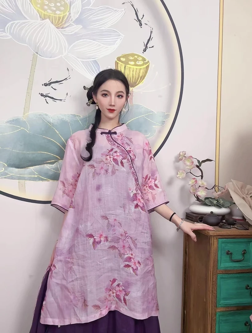 【紫薇款】复古国风纯苎麻印花夏季圆领斜襟盘扣中长款茶服上衣宽