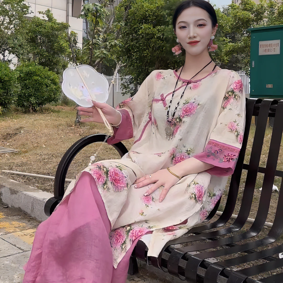 【胭脂款米色】复古国风纯苎麻印花夏季圆领斜襟盘扣中长款茶服套装