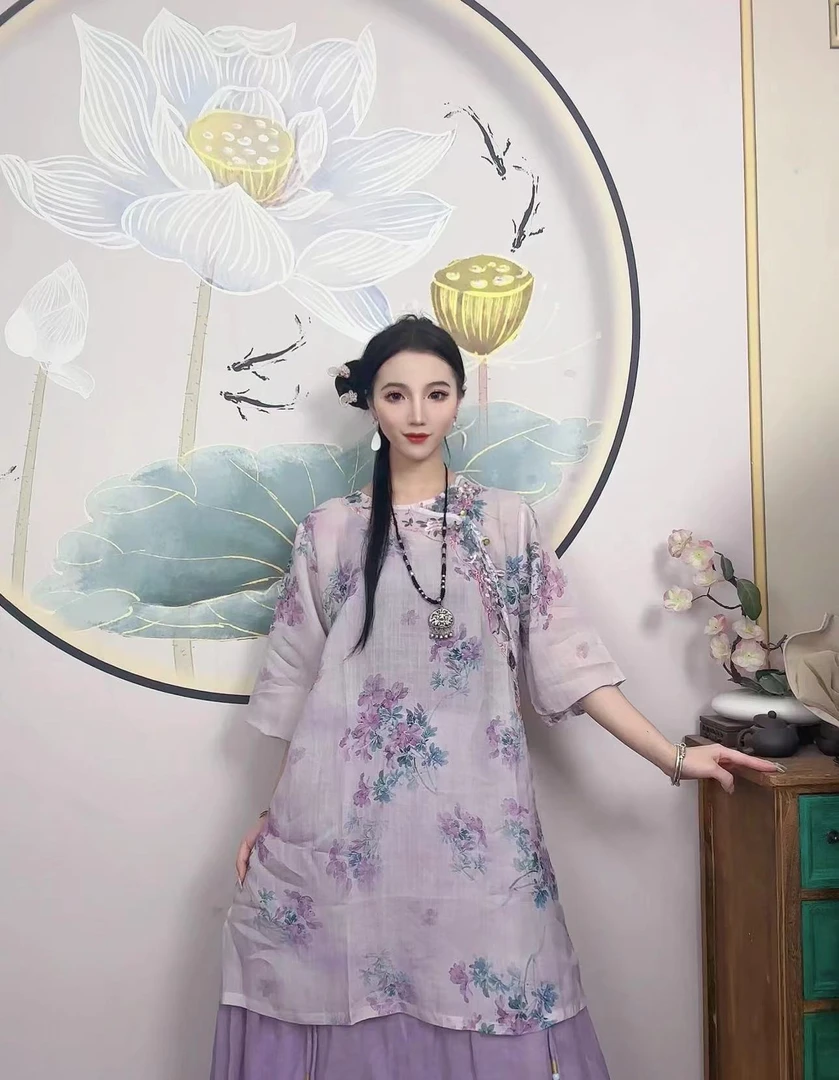 【如意】复古国风纯苎麻印花夏季圆领斜襟盘扣中长款茶服上衣宽