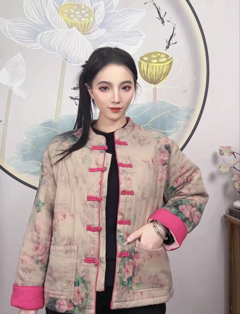 冬装新款复古新中式立领盘扣亚麻印花棉衣女夹棉加厚外套