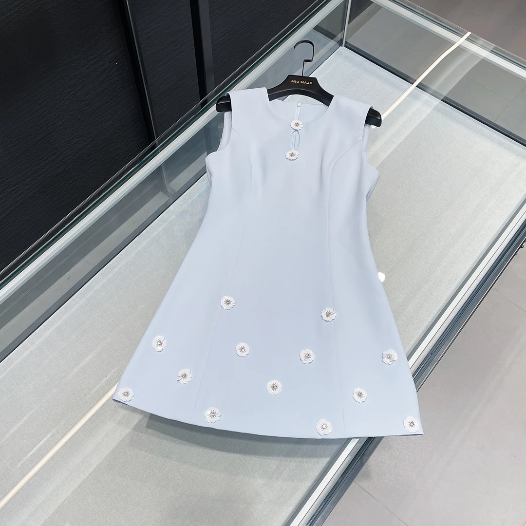 高定女装无袖连衣裙蓝色百搭手工花朵中长裙夏DY3643