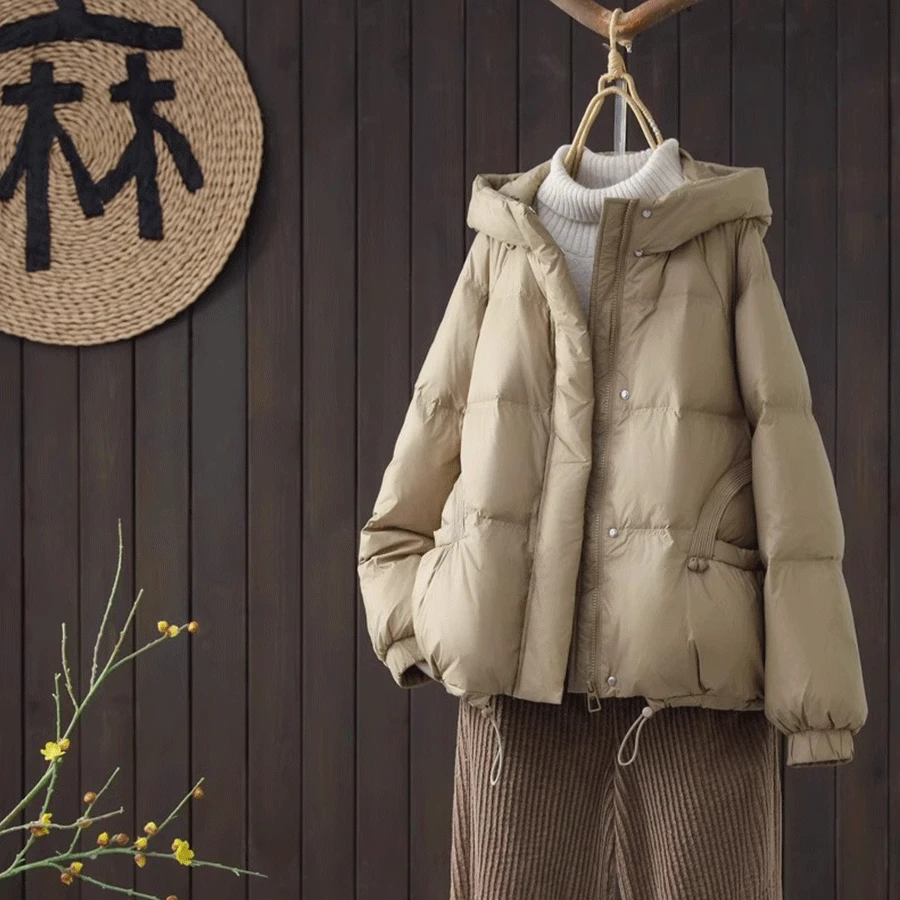 瑾桑新款爱心扣连帽90白鸭绒羽绒服女宽松休闲加厚面包服短款外套