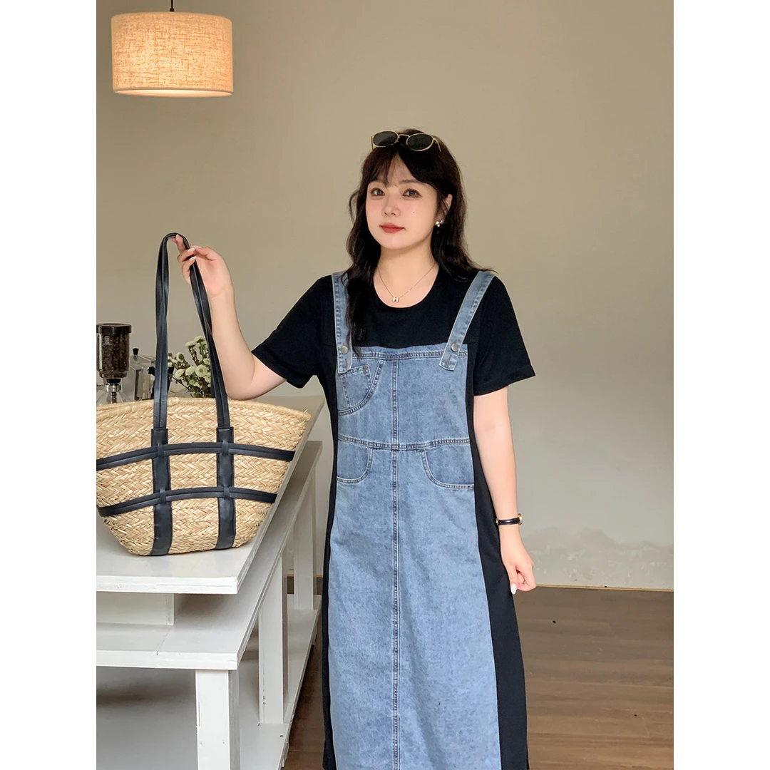 【涵胖胖】假两件拼接牛仔背带连衣裙STD015
