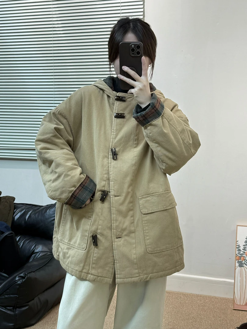 冬季新款连帽牛角扣棉衣日系复古长袖休闲气质宽松百搭棉服外套女