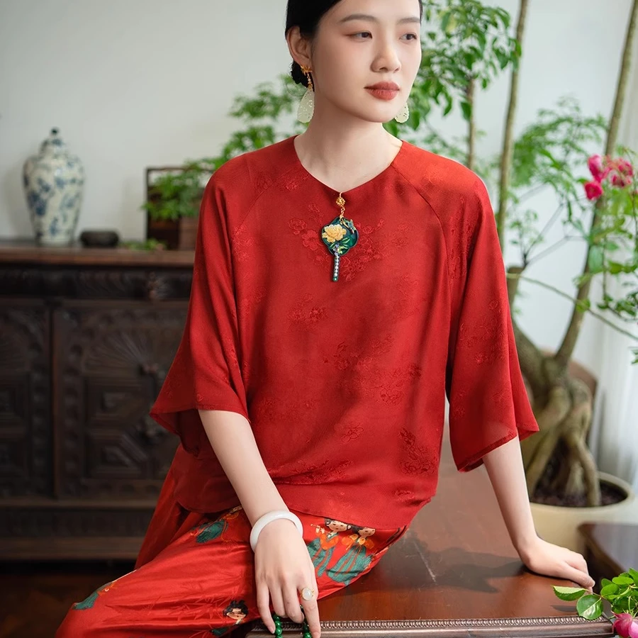 2024新品JCL1616/1627真丝花罗中式小衫衬衫 复古衬衣上衣打底衫