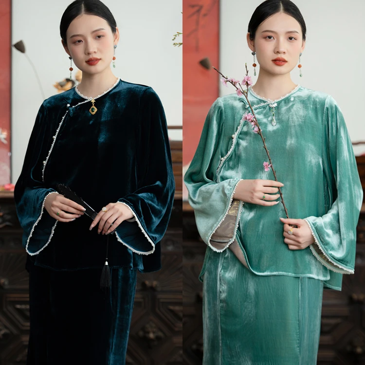 2024新品PCY1695新增色大袖口珠边圆领 真丝丝绒中式复古小衫上衣