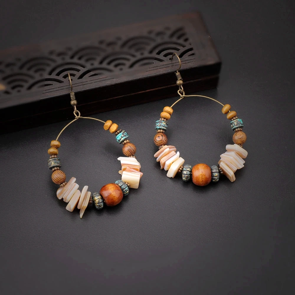 合金木质耳饰 波西米亚民族风耳环欧美显脸瘦圈圈耳饰复古大耳坠