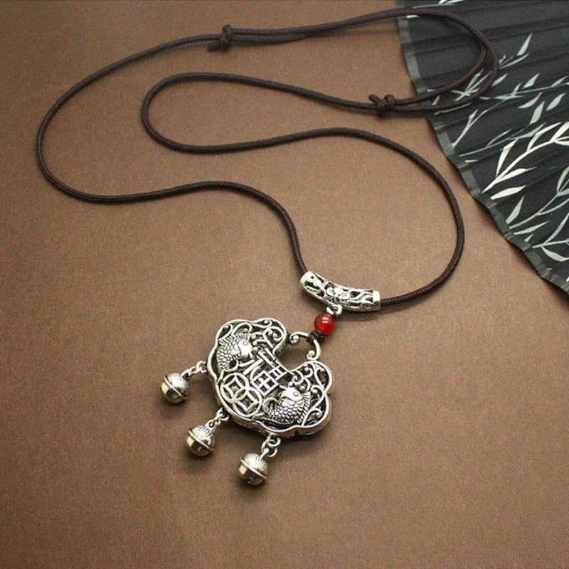 锌合金项链 复古文艺长命锁项链长款女简约百搭毛衣链民族风配饰