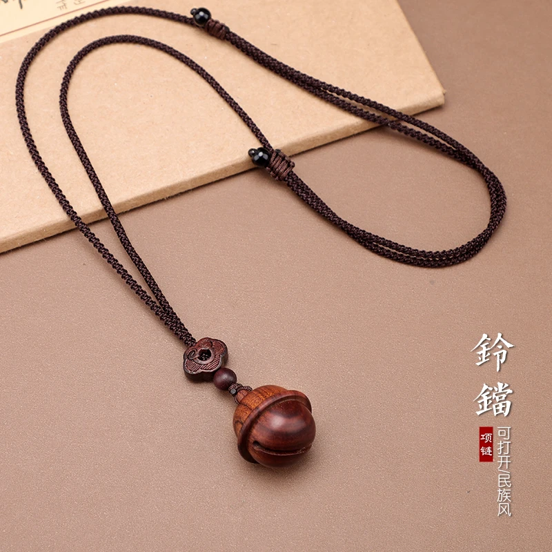 可打开木铃铛项链长款天然木质毛衣链简约木头空心吊坠装东西挂饰