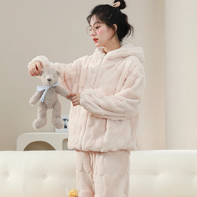 NJ女法兰绒睡衣女秋冬季男士加厚可立领连帽拉链珊瑚绒家居服套装