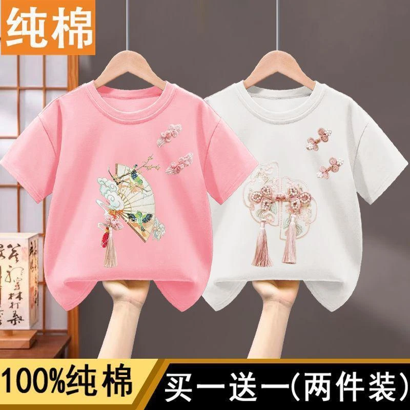 女新中式夏装短袖t恤2024新款儿童夏款国风盘扣女孩半袖上衣潮