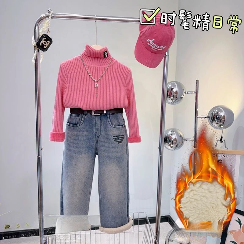 童裤儿童加绒牛仔裤秋冬新款女童洋气阔腿裤一体绒宽松长裤子