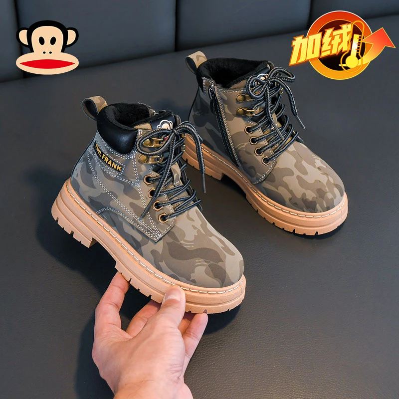 大嘴猴儿童马丁靴2023新款男孩女孩大黄靴冬季加绒款防滑靴子5046