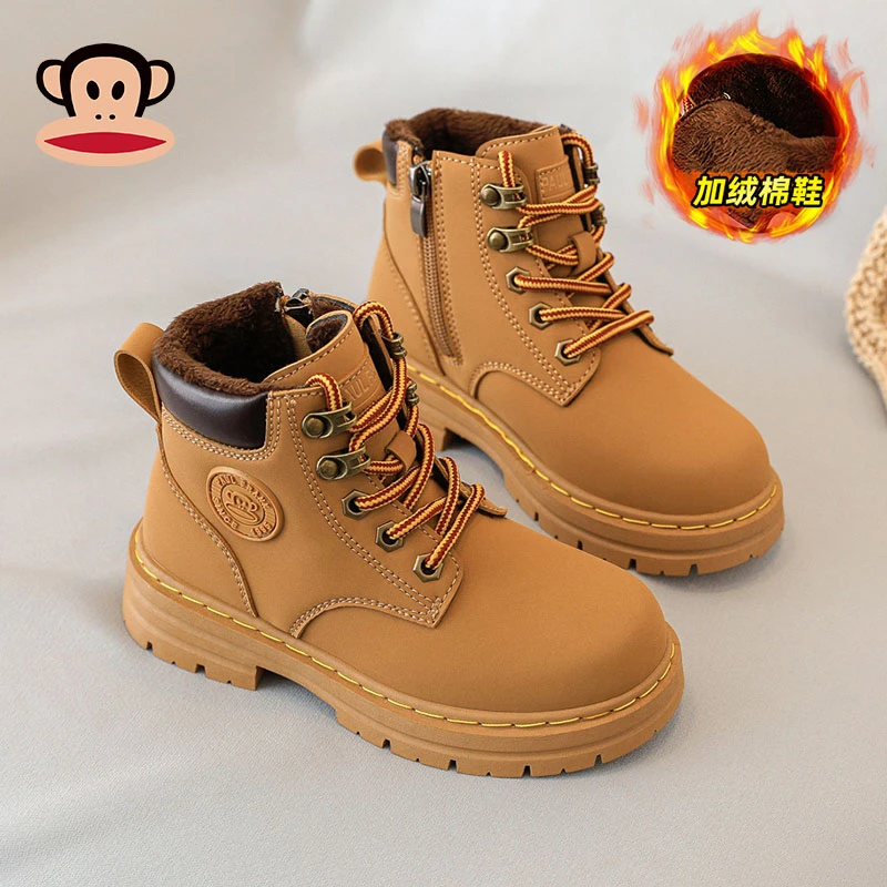 大嘴猴男童鞋加绒6-12岁潮款马丁靴2024冬季保暖二棉鞋女大童靴子