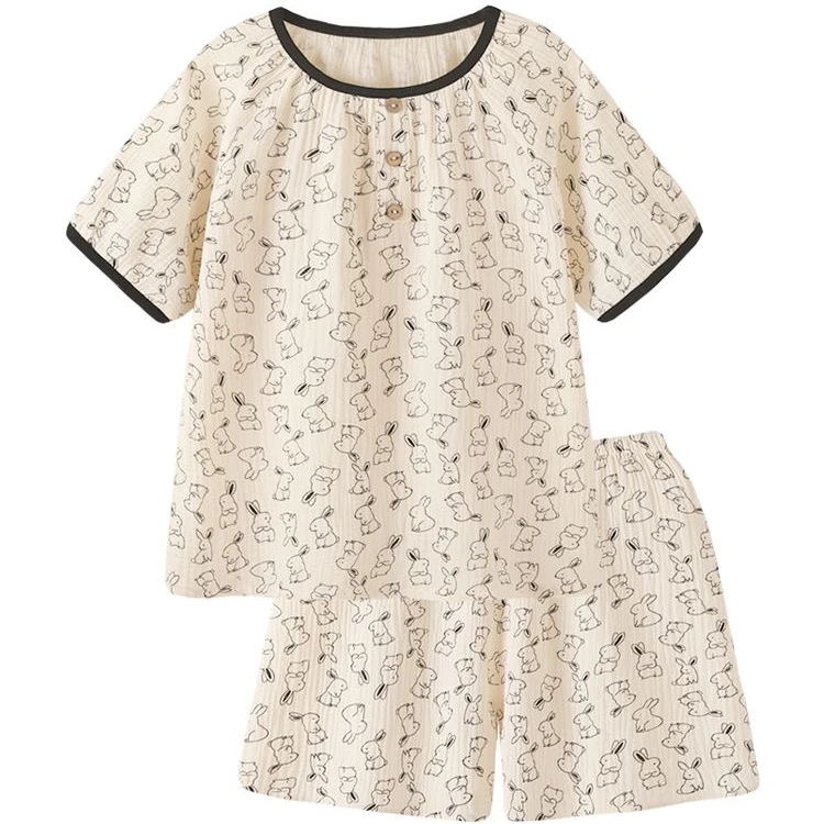 日系薄款女睡衣套装夏季圆领套头短袖短裤套装夏天居家服