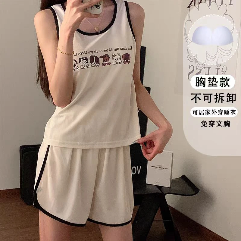 螺纹冰丝背心休闲运动睡衣带胸垫一体两件套凉感夏天学生家居服