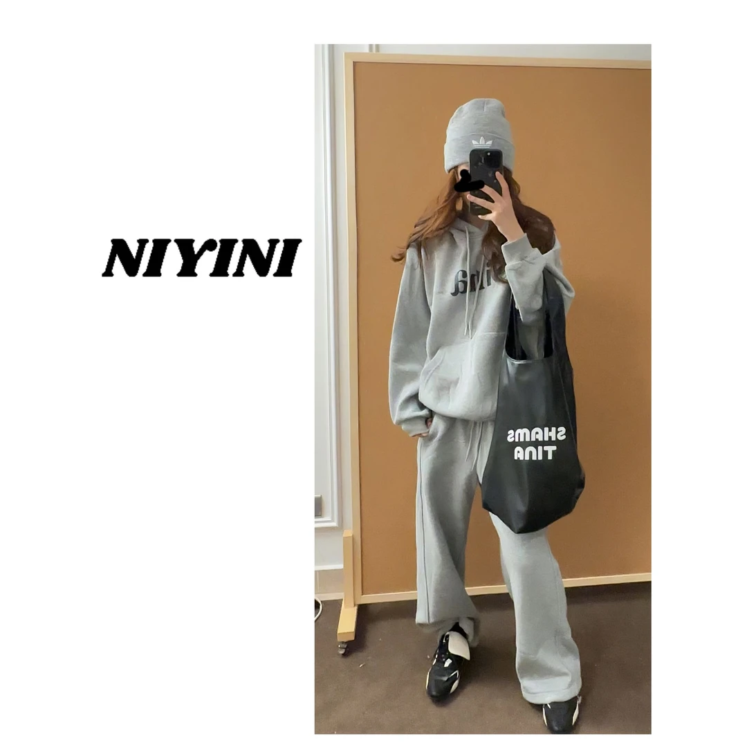 NIYIN超绝婴儿绒极简字母慵懒风连帽厚款卫衣