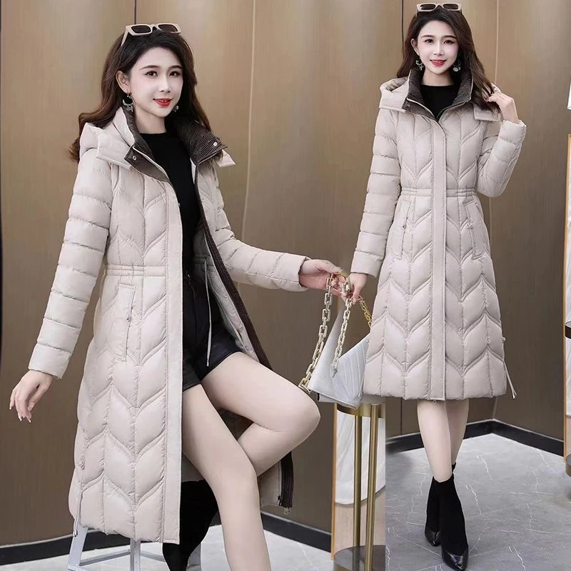时尚显瘦秋冬大码女棉衣连帽修身加厚保暖韩版长款冬季棉服拼色女