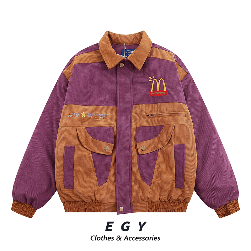 冬季国潮拼接撞色休闲立领棉衣外套宽松运动美式复古棉服男女同款