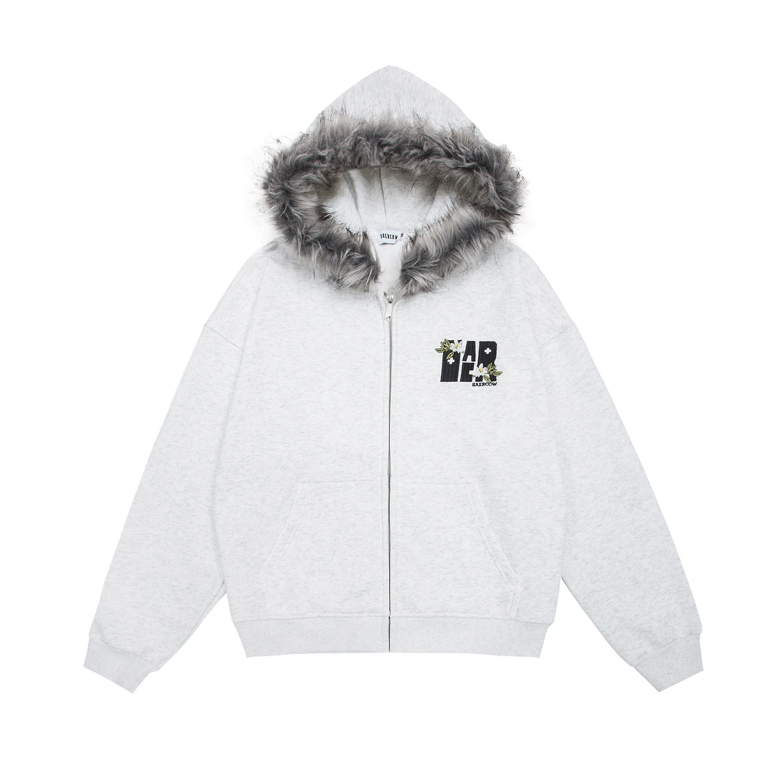 美式休闲潮流宽松运动毛领连帽卫衣加绒欧美中性风刺绣外套男女