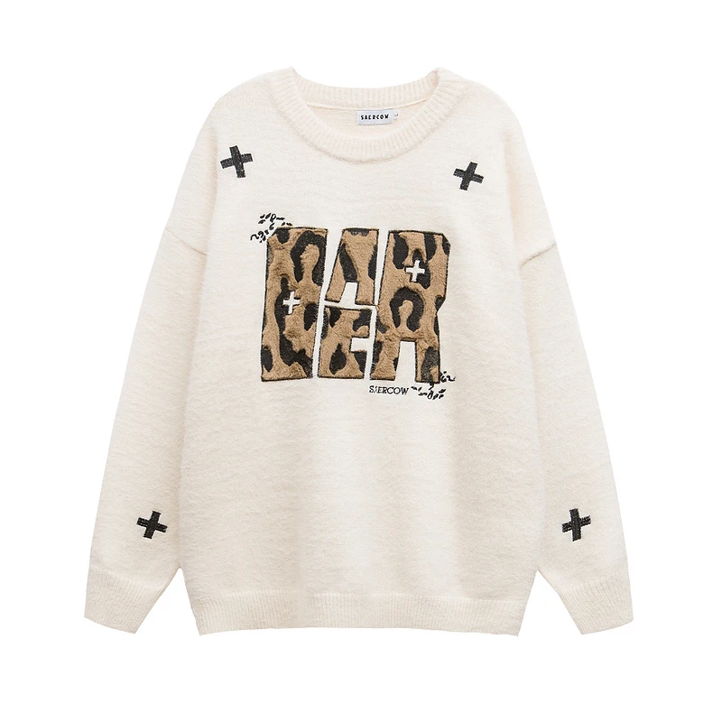 美式休闲趣味卡通豹纹字母刺绣贴布套头毛衣欧美中性风针织衫男女