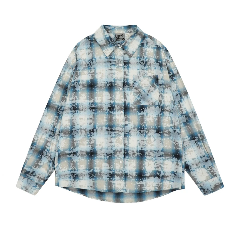 欧美街头潮流宽松迷彩格纹休闲长袖衬衫美式复古做旧印花衬衣男女