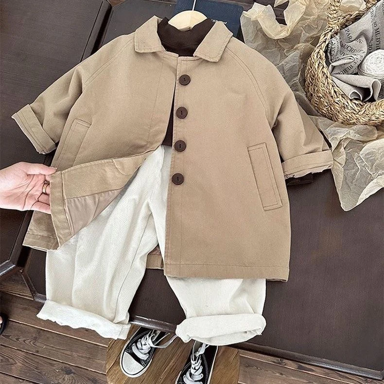 男童外套春秋款2024新款韩版宝宝英伦风上衣中小童百搭中长款风衣