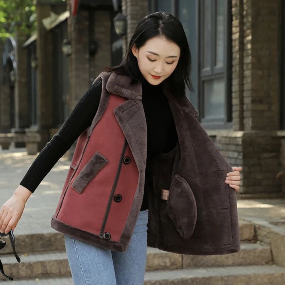 皮毛一体马甲秋冬西服领韩版宽松机车风加厚保暖毛绒马甲洋气时尚