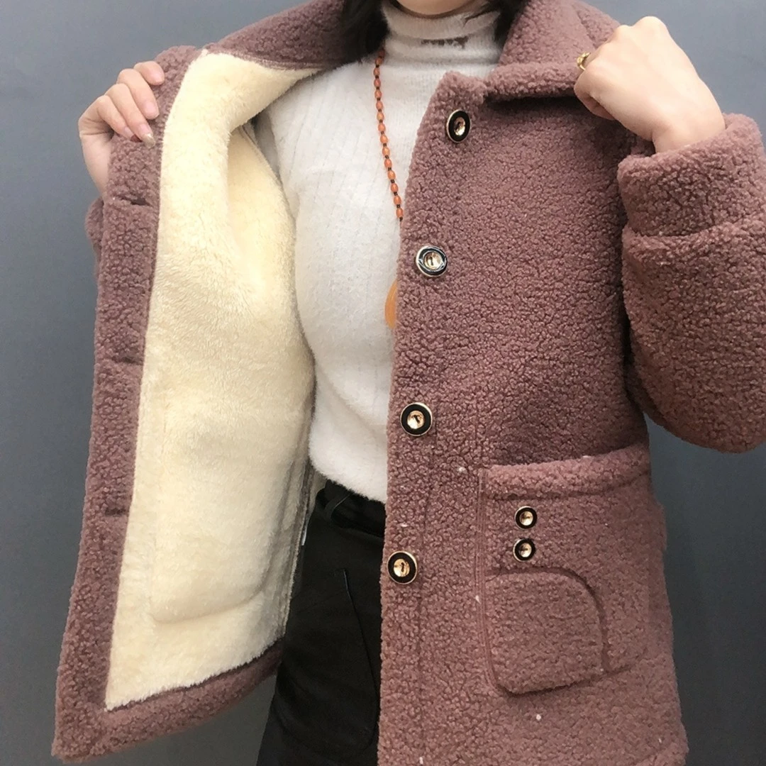 新款双扣加绒加厚65衣长女士外套秋冬时尚女装冬季保暖宽松洋气