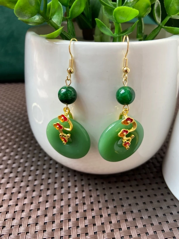 合金石英石耳饰 绿色平安扣24毫米直径祥云卡扣耳饰耳坠