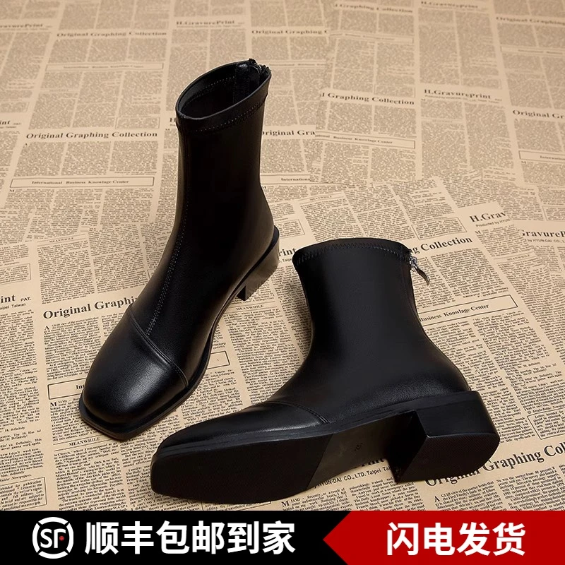 2023新款瘦瘦靴显高秋冬款韩系方头短靴女英伦风百搭粗跟加绒女靴