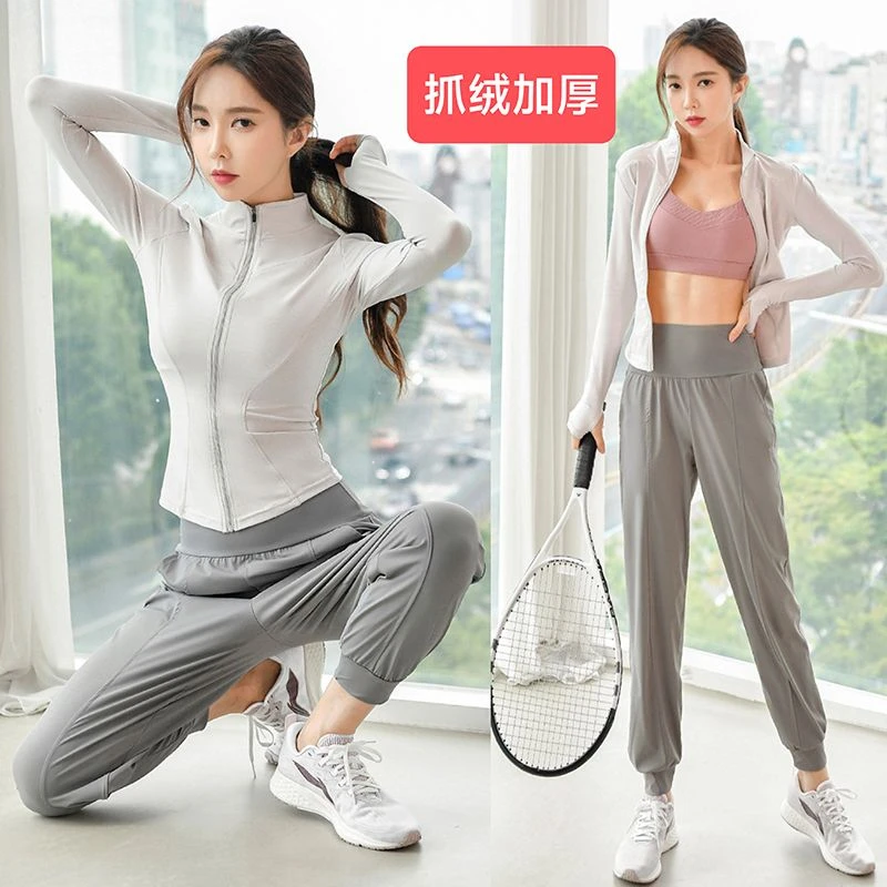 跑步套装女晨跑服显瘦时尚新款秋冬加绒薄款健身瑜伽专业羽毛球服
