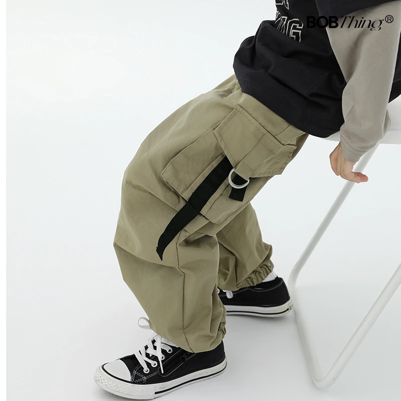 儿童春秋款宽松工装裤男童织带大口袋休闲裤潮童装裤子中大童长裤