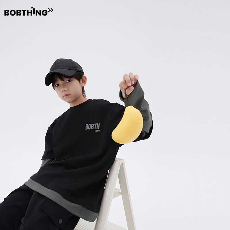 男童冬装抓绒加厚假两件长袖T恤国潮童装上衣儿童体恤圆领打底衫