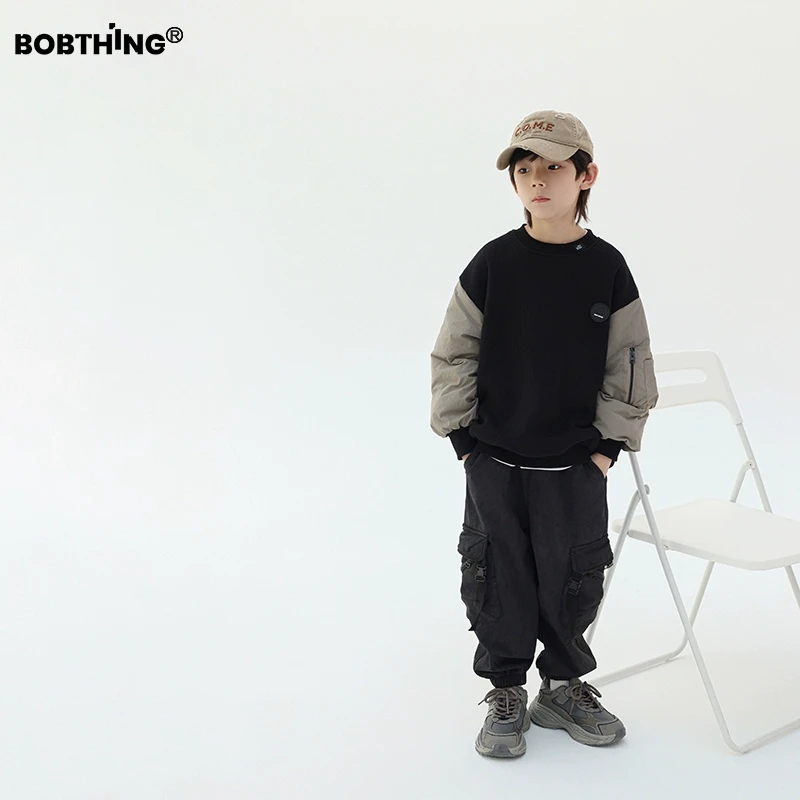 港风童装夹棉袖圆领卫衣男童冬季一体绒打底衫潮儿童加厚上衣针织