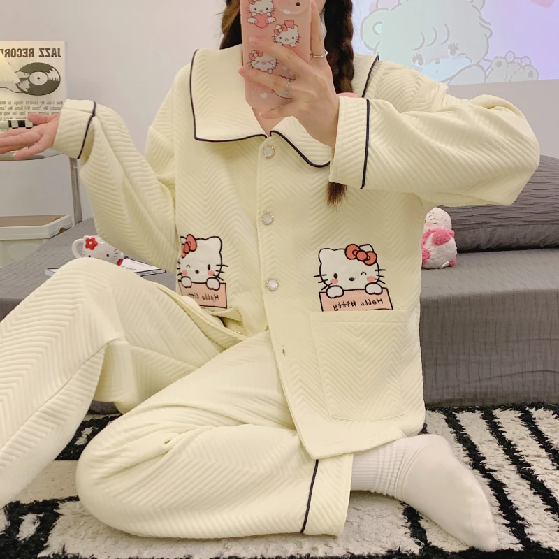 睡衣女秋季冬款加厚宽松大码200斤MM新款卡通KT猫保暖家居服套装