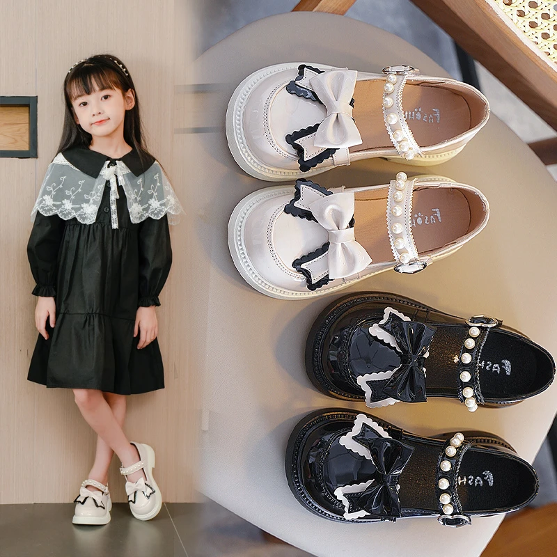 女童黑色小皮鞋2025春秋新款小女孩韩版浅口单鞋儿童蝴蝶结演出鞋